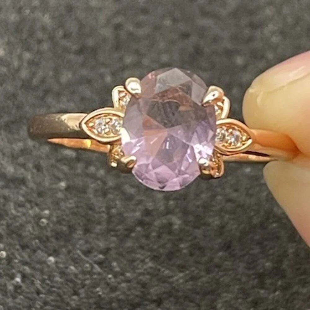 Bomb Party Sz 9 Rose Gold Lavender Oval Ring CZ Accent Solitaire Floral